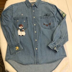 Vintage Herringbone Naturals Hand Painted Denim Christmas Winter Themed Shirt M